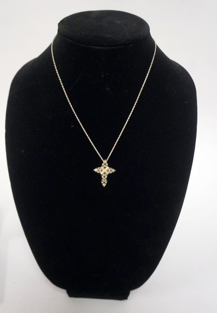 12K GOLD & STERLING CROSS: 12K GOLD AND STERLING SILVER CROSS NECKLACE