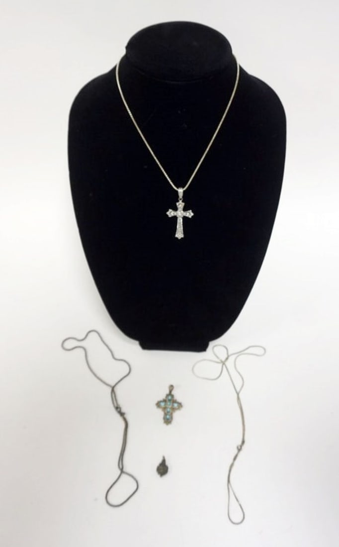 STERLING SILVER NECKLACES: 3 STERLING SILVER NECKLACES 2 WITH CROSS PENDANTS