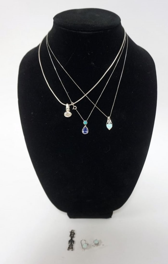 STERLING SILVER NECKLACES AND EARRINGS: 3 STERLING SILVER NECKLACES, 1 WITH MATCHING EARRINGS