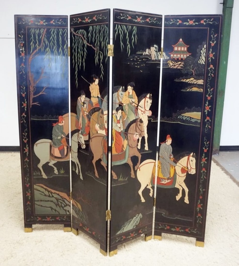 ASIAN LACQUERED FOLDING SCREEN: 4 SECTION ASIAN LACQUERED FOLDING SCREEN, EACH PANEL APPROXIMATELY 72 IN H X 16 IN W X 4 IN