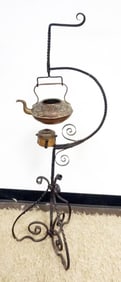 ASIAN TEA POT WARMER ON WROUGHT IRON STAND