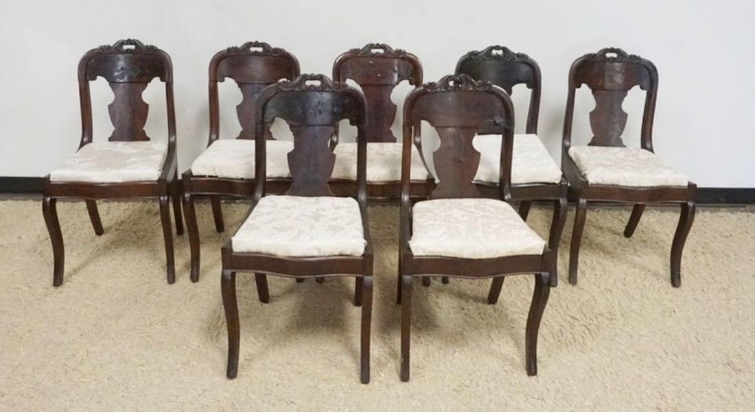 ANTIQUE EMPIRE SLIP SEAT CHAIRS: SET OF 7 ANTIQUE EMPIRE SLIP SEAT CHAIRS