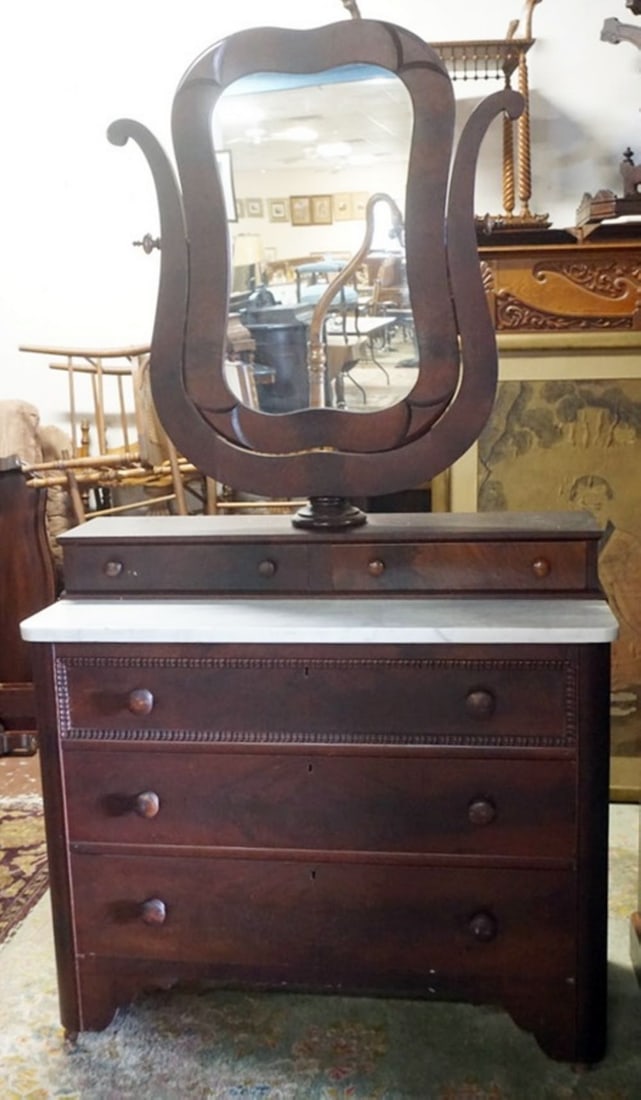EMPIRE MARBLE TOP CHEST: EMPIRE MARBLE TOP CHEST OF DRAWERS WITH MIRROR TOP AND HARP THAT SWIVELS, APPROXIMATELY 42 IN X 20 IN X 76 IN H