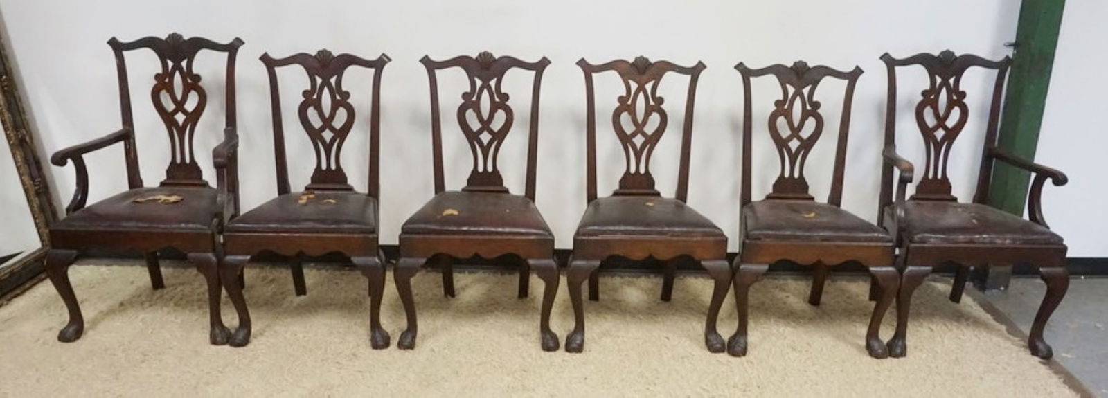 CHIPPENDALE STYLE CHIARS: SET OF 6 CHIPPENDALE STYLE CHAIRS, 2 ARM AND 4 SIDE, SEAT COVERING WORN
