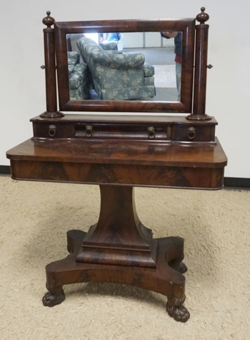 EMPIRE MIRROR TOP STAND: EMPIRE MIRROR TOP STAND WITH LION HEAD BRASS PULLS, APPROXIMATELY 36 IN X 19 IN X 53 IN H