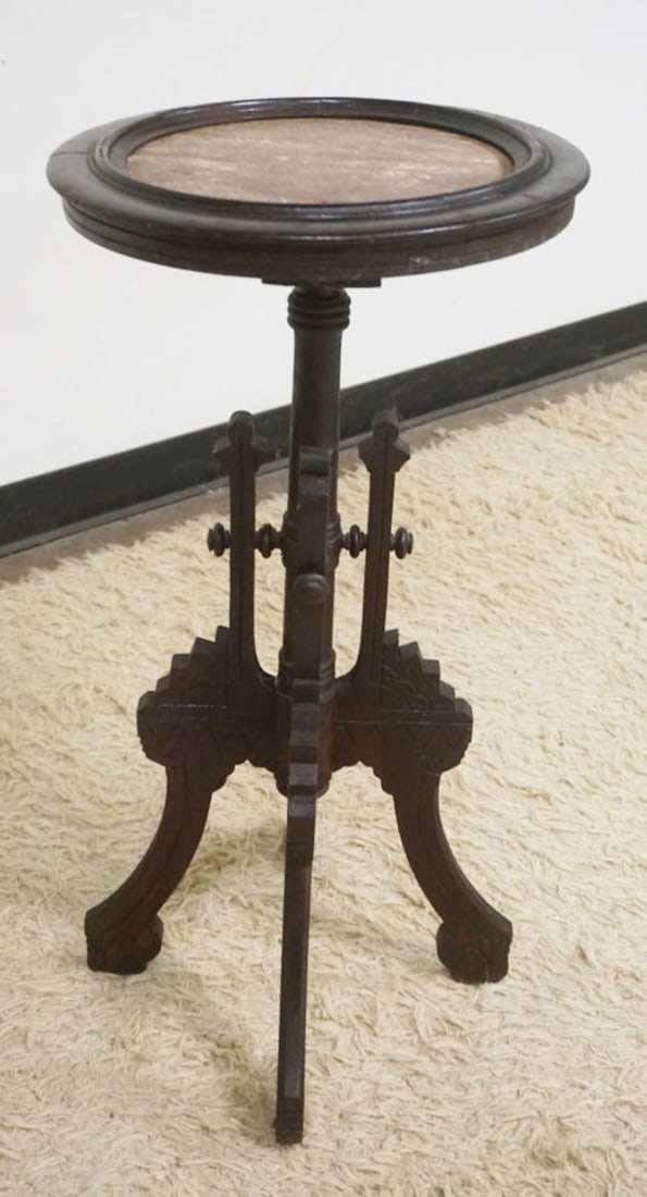 ANTIQUE WALNUT STAND: ANTIQUE WALNUT CANDLE LAMP STAND WITH INSET BROWN MARBLE TOP, APPROXIMATELY 15 IN X 31 IN H
