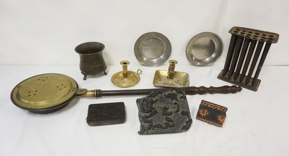 GROUP OF ASSORTED PRIMITIVE ITEMS: GROUP OF ASSORTED PRIMITIVE ITEMS INCLUDING BED WARMER, CANDLE MOLD, PEWTER PLATES, WALL STAMPS, ETC