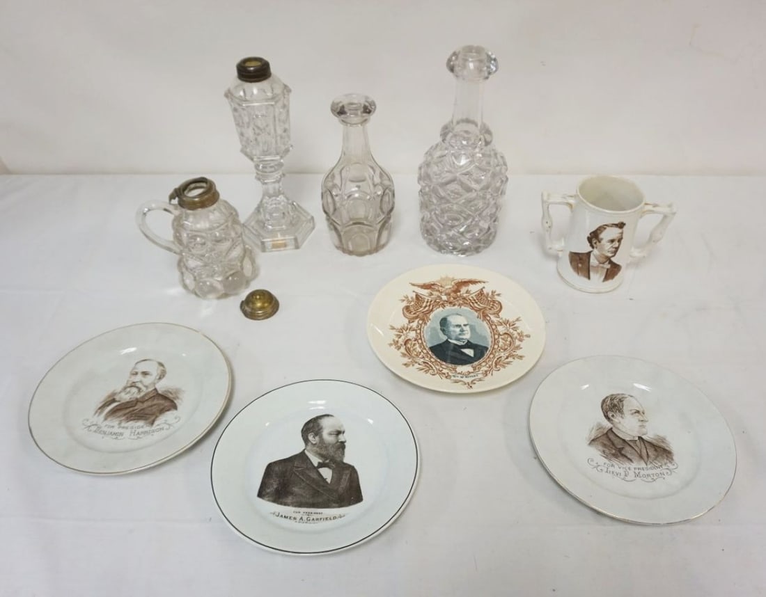 GROUP OF ASSORTED ANTIQUE ITEMS: GROUP OF ASSORTED ANTIQUE FLINT GLASS & POLITICAL TRANSFER PLATES