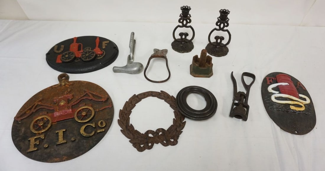 GROUP OF METAL ITEMS: GROUP OF METAL ITEMS INCLUDING FIRE MARKERS, CANDLESTICKS, NUTCRACKER, FRAMES, ETC, LARGEST PIECE APPROXIMATELY 13 1/2 IN