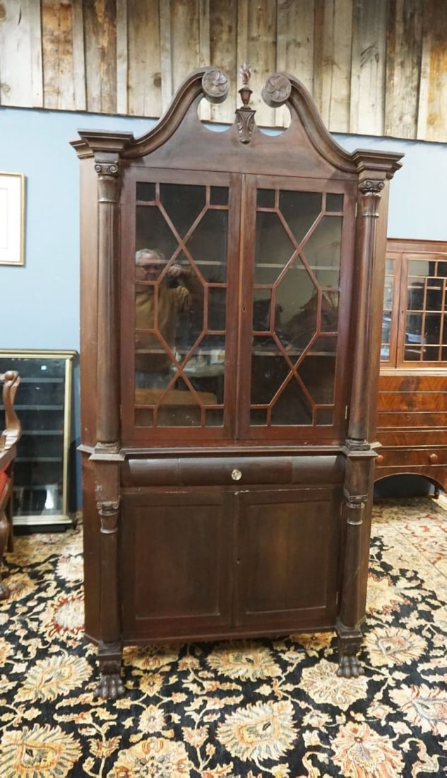 ANTIQUE MAHOGANY 2 PART CORNER CABINET: ANTIQUE MAHOGANY 2 PART CORNER CABINET W/CARVED PAW FEET & CORINTHIAN COLUMN SIDES, FINISH WORN & OLD REPAIRS, APPROXIMATELY 45 IN X 26 IN X 87 IN HIGH