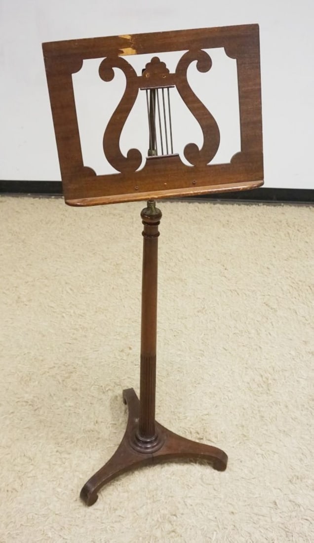 ANTIQUE MAHOGANY ADJUSTABLE STAND: ANTIQUE MAHOGANY ADJUSTABLE STAND, REEDED COLUMN CENTER, TOP NEEDS RESTORATION, APPROXIMATELY 49 IN HIGH