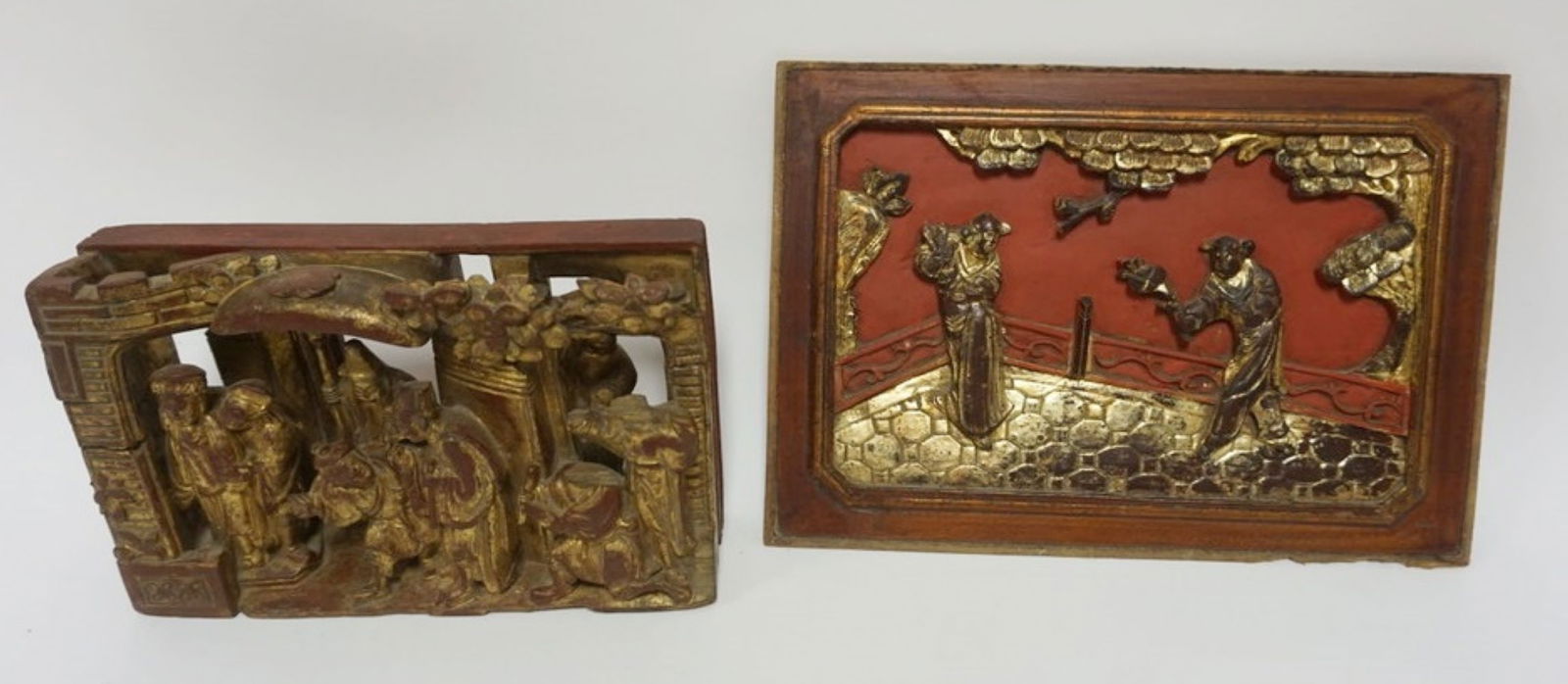 ASIAN CARVED WOOD SCENIC PANELS: ASIAN CARVED WOOD SCENIC PANELS, LARGEST APPROXIMATELY 12 IN X 8 IN