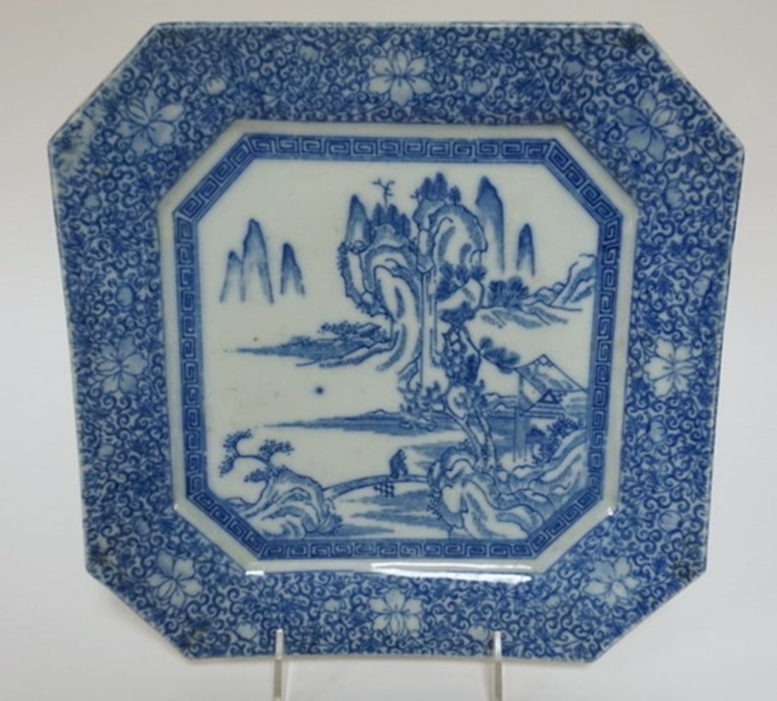 JAPANESE BLUE & WHITE PORCELAIN TRANSFER PLATE: JAPANESE BLUE & WHITE PORCELAIN TRANSFER PLATE, APPROXIMATELY 10 1/4 IN X 10 1/4 IN