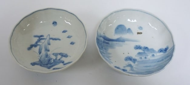 JAPANESE 2 PORCELAIN BLUE & WHITE TRANSFER BOWLS