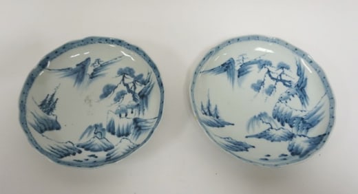 JAPANESE 2 PORCELAIN BLUE & WHITE TRANSFER BOWLS