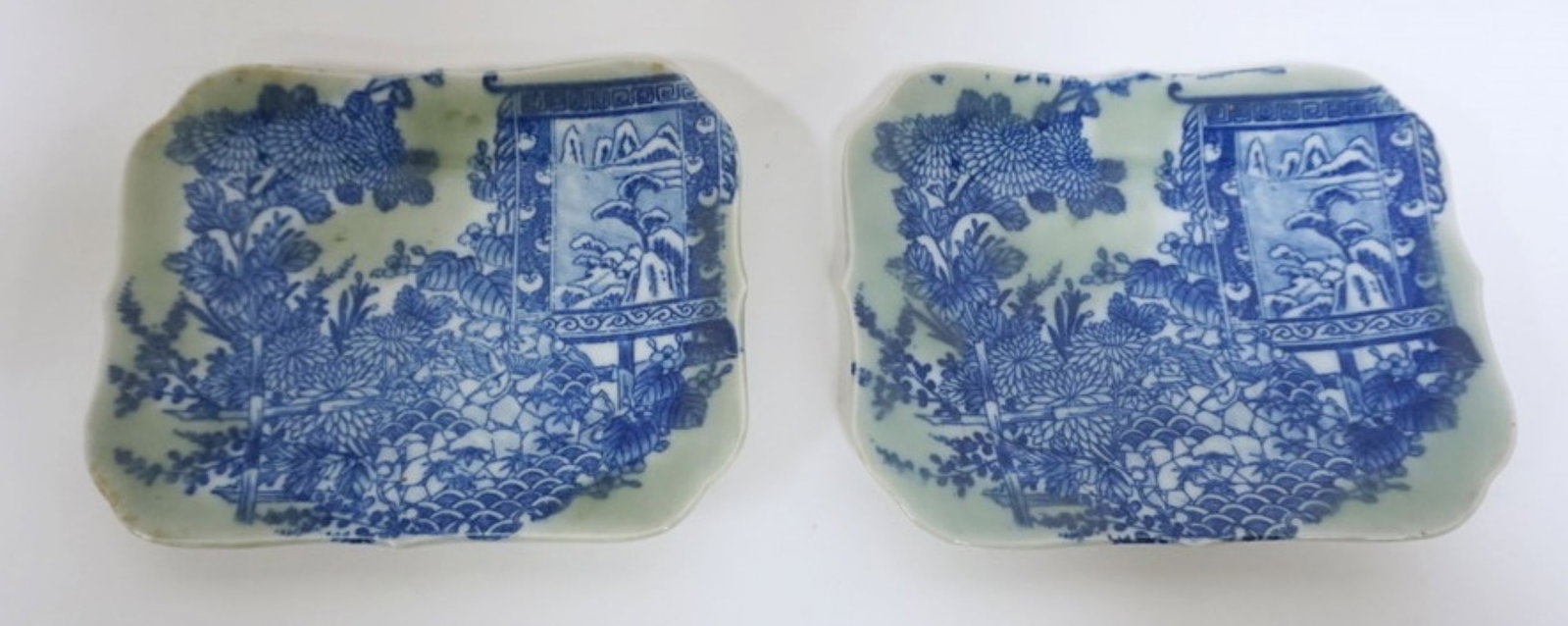 PAIR OF JAPANESE SQUARE TRANSFER PLATES: PAIR OF JAPANESE SQUARE TRANSFER PLATES, EACH APPROXIMATELY 7 1/2 IN X 6 IN