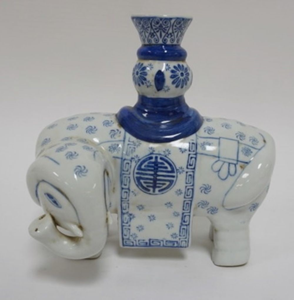 ASIAN PORCELAIN BLUE & WHITE ELEPHANT CANDLESTICK: ASIAN PORCELAIN BLUE & WHITE ELEPHANT CANDLESTICK W/CHARACTER MARKS ON BASE, APPROXIMATELY 7 IN X 5 IN X 8 IN HIGH