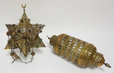 JEWELED BRASS LANTERN & BRASS CYLINDER LAMP