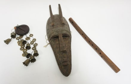 CARVED WOOD MASK, WIND CHIMES & FLUTE