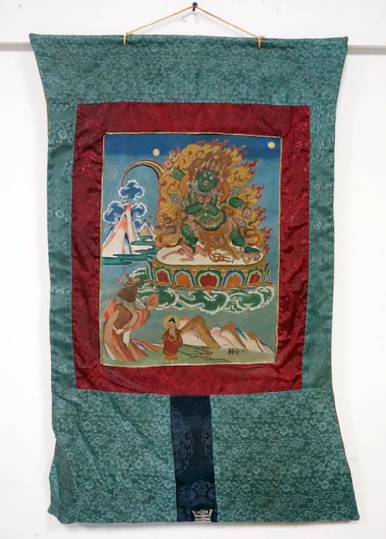 THANGKA HAND PAINTED: THANGKA HAND PAINTED, APPROXIMATELY 21 IN X 31 IN OVERALL,