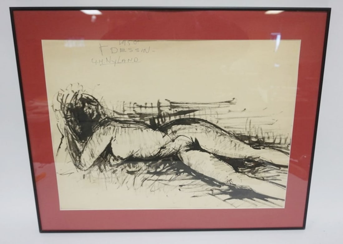 G.H. NYLAND ARTIST PAINTING OF NUDE: G.H. NYLAND ARTIST PAINTING OF NUDE, 1950, FRAMED & MATTED, APPROXIMATELY 28 IN X 23 IN