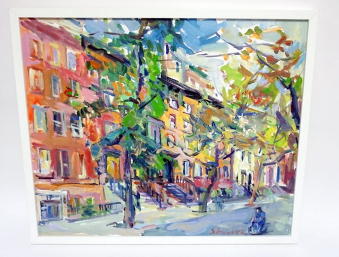 SONIA GRINERA OIL PAINTING: SONIA GRINERA OIL ON CANVAS, ABSTRACT STREET SCENE, APPROXIMATELY 21 IN X 25 IN OVERALL, PERSONAL NOTE ON CARD ON REVERSE