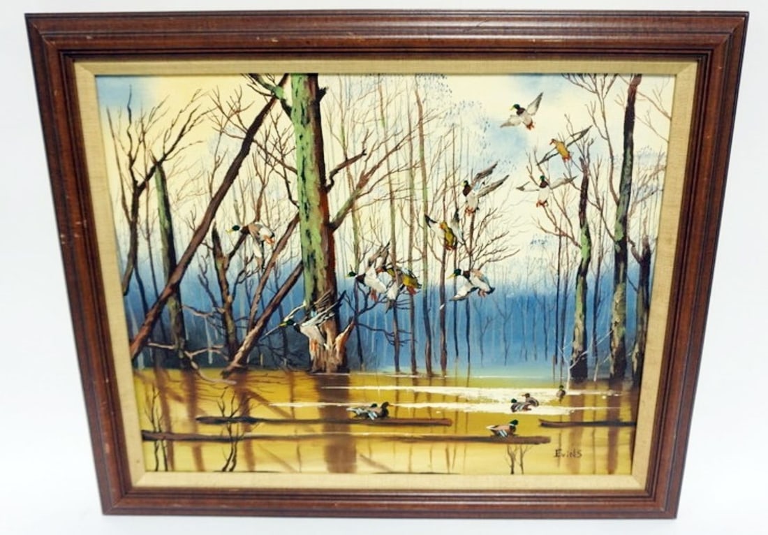 EVINS OIL PAINTING: OIL PAINTING ON CANVAS OF GEESE IN WOODED MARSH, ARTIST SIGNED EVINS, APPROXIMATELY 20 IN X 24 IN OVERALL