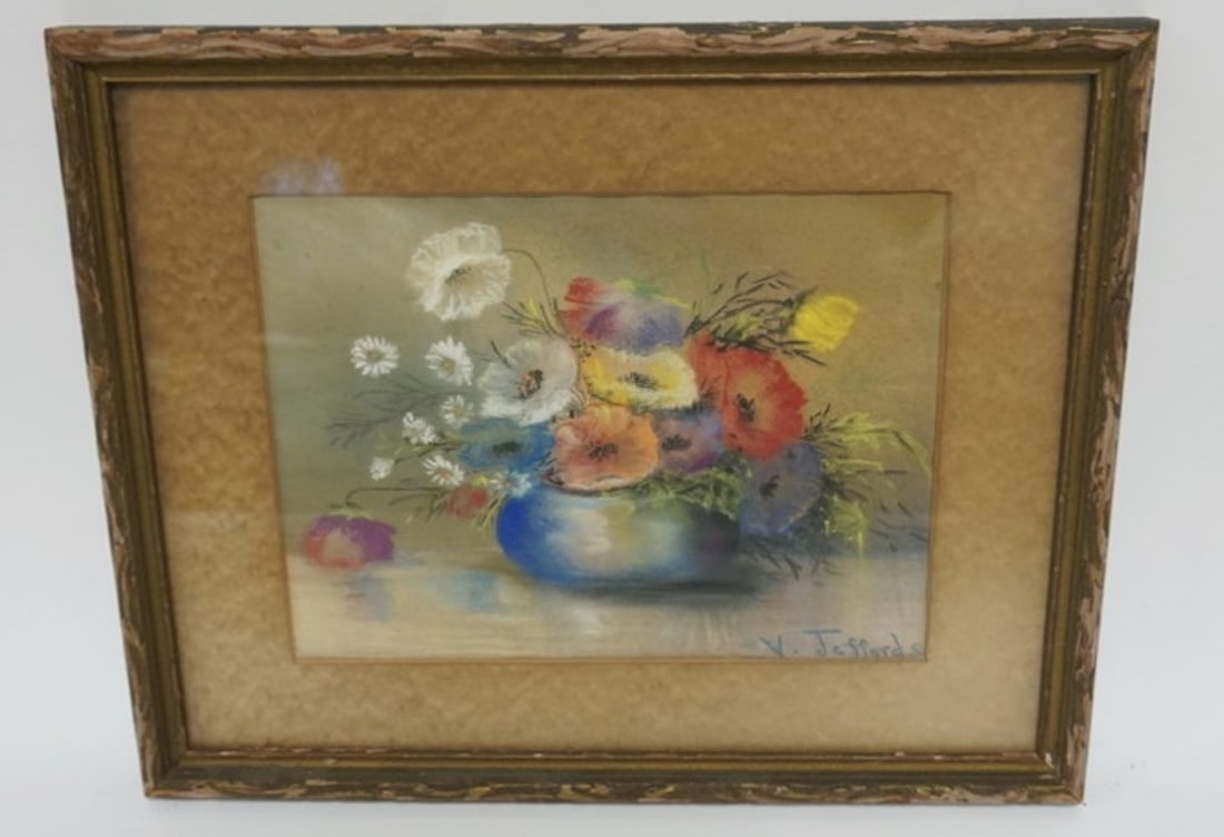 V. JEFFORDS PASTEL: PASTEL, FLORAL STILL LIFE, ARTIST SIGNED V. JEFFORDS, APPROXIMATELY 15 IN X 12 IN OVERALL