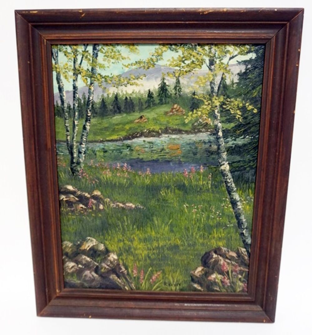 R KEYES OIL PAINTING: OIL PAINTING ON CAVAS, MOUNTAIN SIDE STREAM WITH BIRCH TREES, ARTIST SIGNED R. KEYES, APPROXIMATELY 18 IN X 22 OVERALL