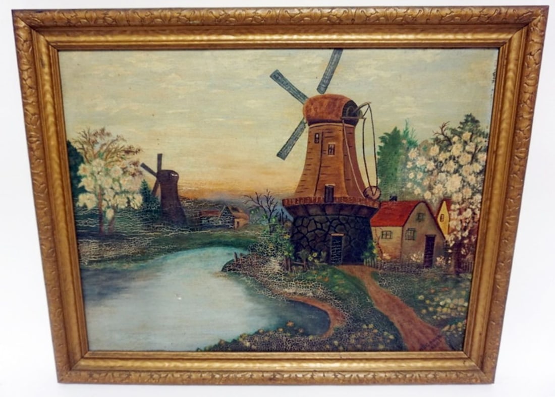 H.S. CRONK OIL PAINTING: OIL PAINTING ON BOARD, IMAGE OF WINDMILLS, SIGNED H.S. CRONK, 1938, APPROXIMATELY 17 IN X 21 IN OVERALL
