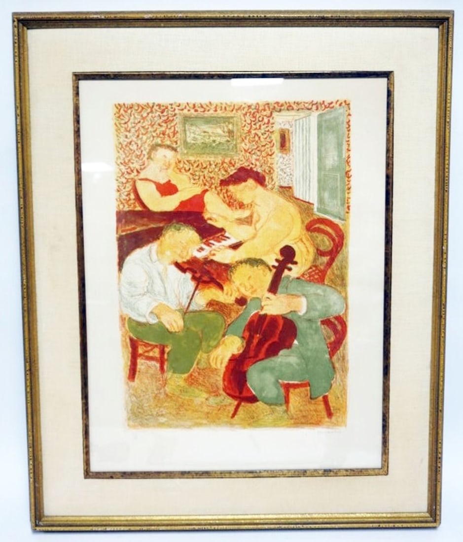 SIGNED AND NUMBERED PRINT: SIGNED AND NUMBERED PRINT OF PEOPLE PLAYING MUSICAL INSTRUMENTS, APPROXIMATELY 27 IN X 34 IN OVERALL