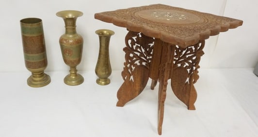 ASIAN BRASS VASES AND FOLDING STAND