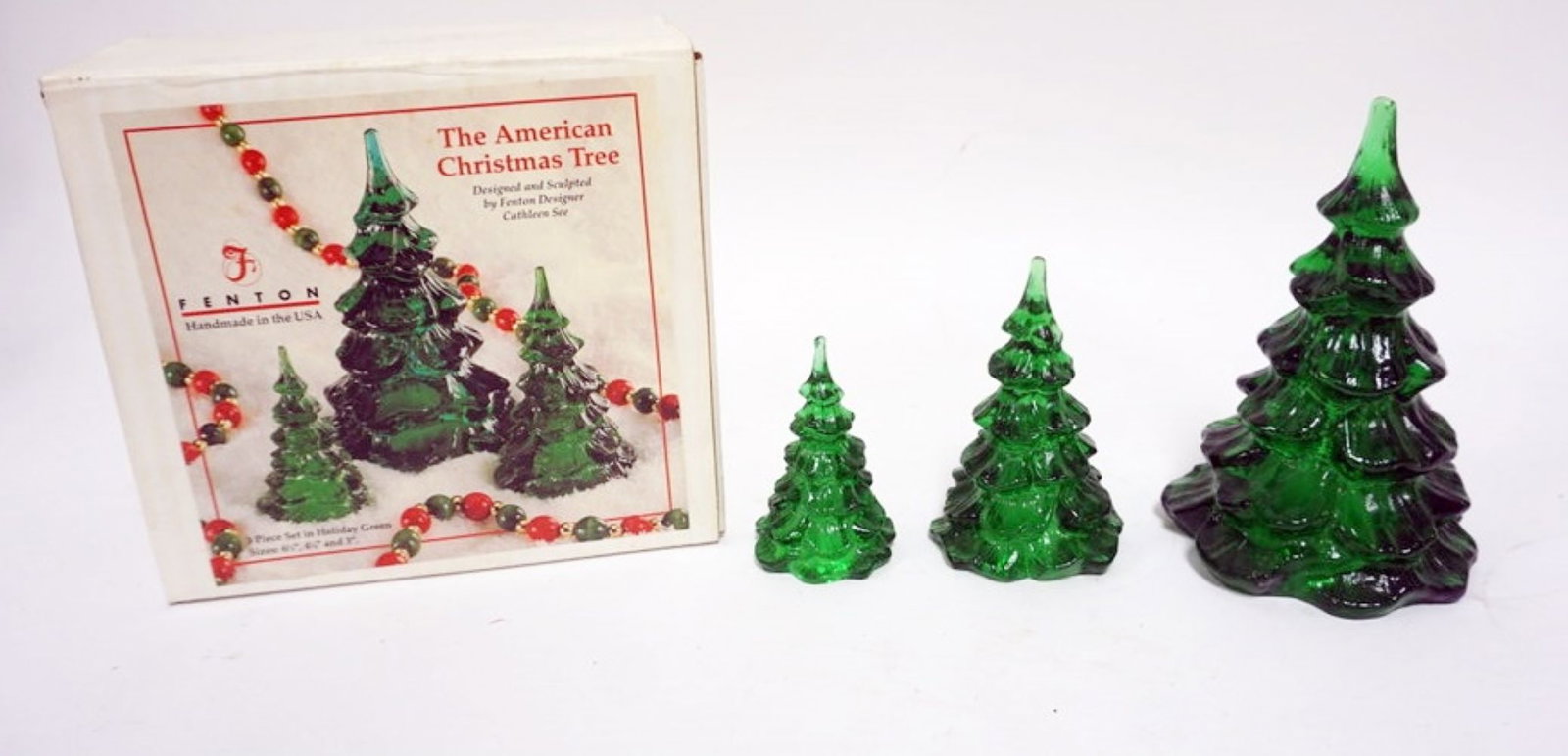 CATHLEEN SEE FENTON SCULPTED TREE SET: FENTON GLASS SCULPTED GLASS DESIGNED BY CATHLEEN SEE, MADE IN USA