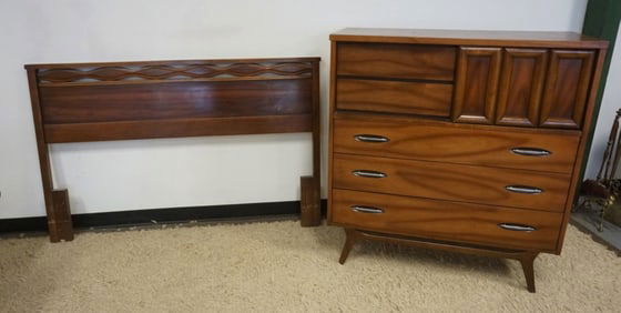 MCM WALNUT 5 DRAWER CHEST & HEADBOARD