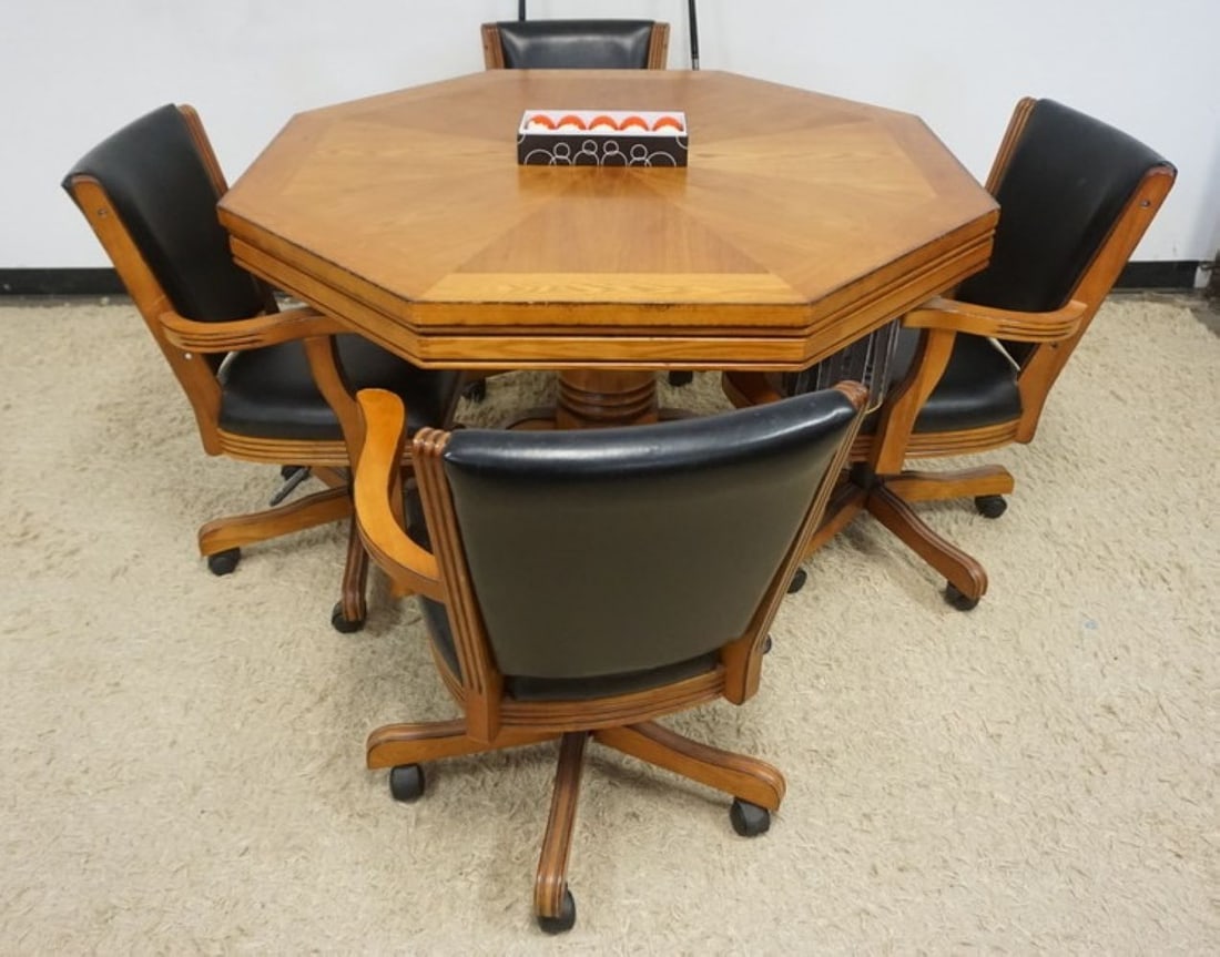 OAK POKER/SNOOKER GAME TABLE W/4 ARMCHAIRS (1 of 9)