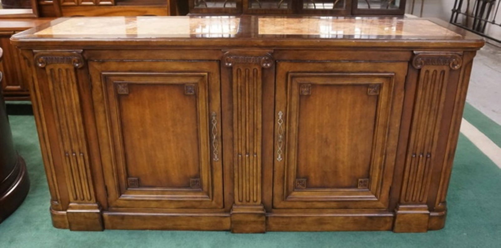 CENTURY SIDEBOARD: CENTURY SIDEBOARD W/DOUBLE INSET MARBLE TOP, CORINTHIAN COLUMN SIDES, APPROXIMATELY 80 IN X 22 IN X 38 IN HIGH