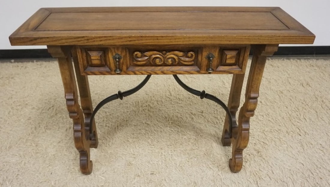 HECKMAN SPANISH ONE DRAWER OAK NARROW CONSOLE: HECKMAN SPANISH ONE DRAWER OAK NARROW CONSOLE, APPROXIMATELY 41 IN X 13 IN X 30 IN HIGH