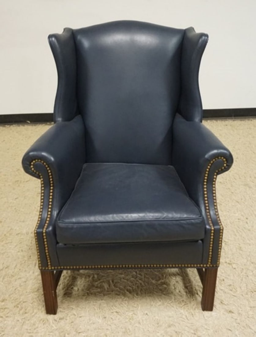 HANCOCK & MOORE LEATHER WING CHAIR: HANCOCK & MOORE LEATHER WING CHAIR W/BRASS TACK ACCENTS, SOME WEAR TO LEATHER, APPROXIMATELY 31 IN X 32 IN X 42 IN HIGH