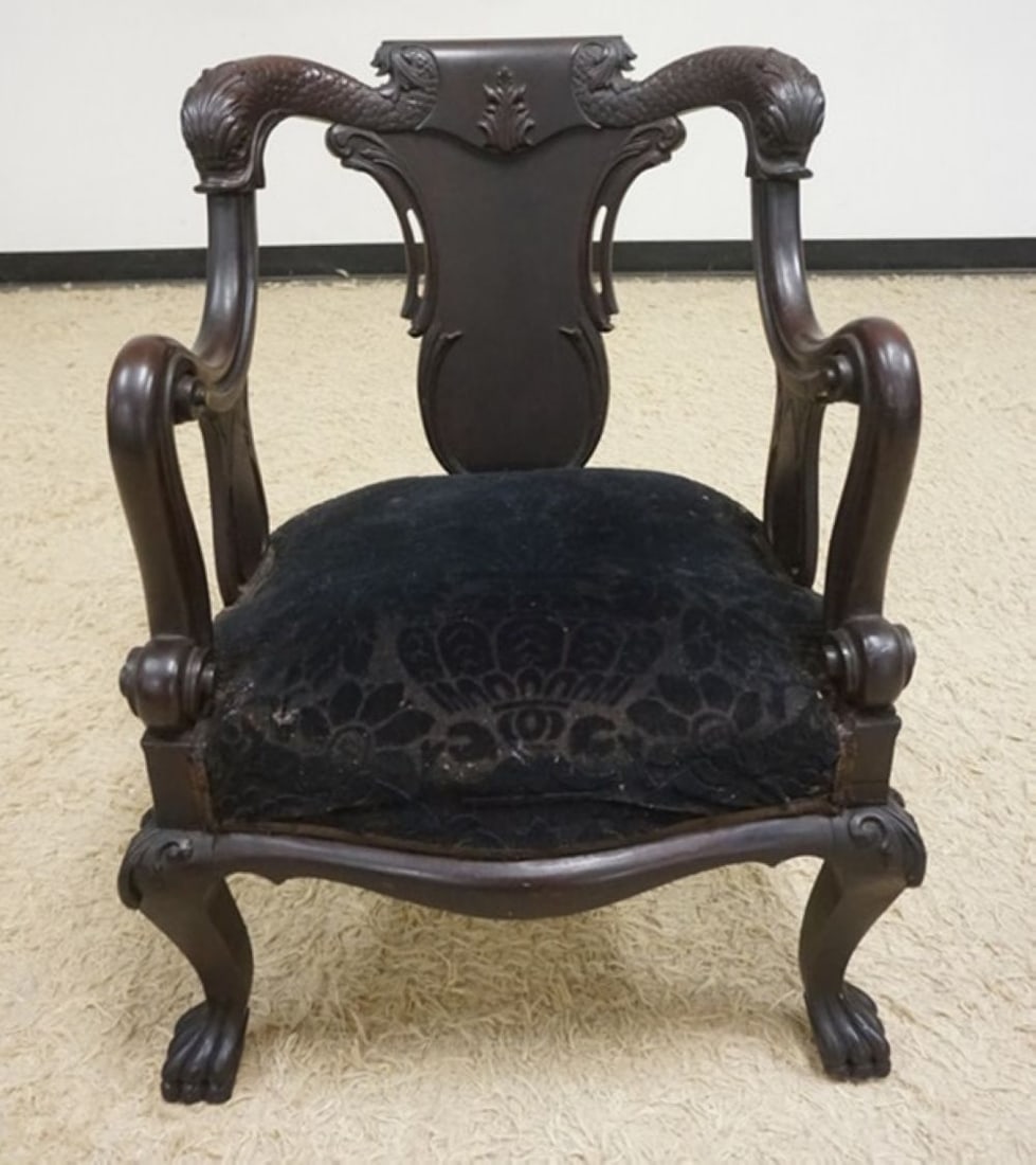 UNUSUAL CARVED MAHOGANY DOLPHIN CHAIR: UNUSUAL CARVED MAHOGANY DOLPHIN CHAIR W/UPHOLSTERED SEAT, APPROXIMATELY 27 IN X 23 IN X 35 IN HIGH