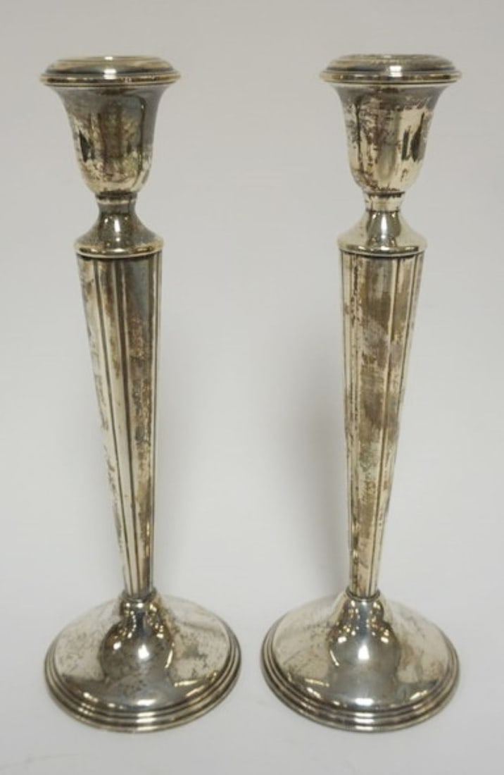 STERLING SILVER WEIGHTED CANDLE STICKS: STERLING SILVER WEIGHTED CANDLE STICKS, APPROXIMATELY 10 IN H