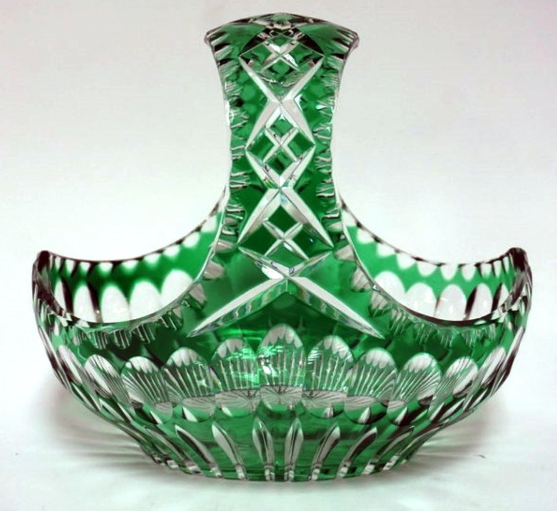 EMERALD CUT TO CLEAR GLASS BASKET: EMERALD CUT TO CLEAR GLASS BASKET, APPROXIMATELY 8 IN X 5 IN X 8 IN H