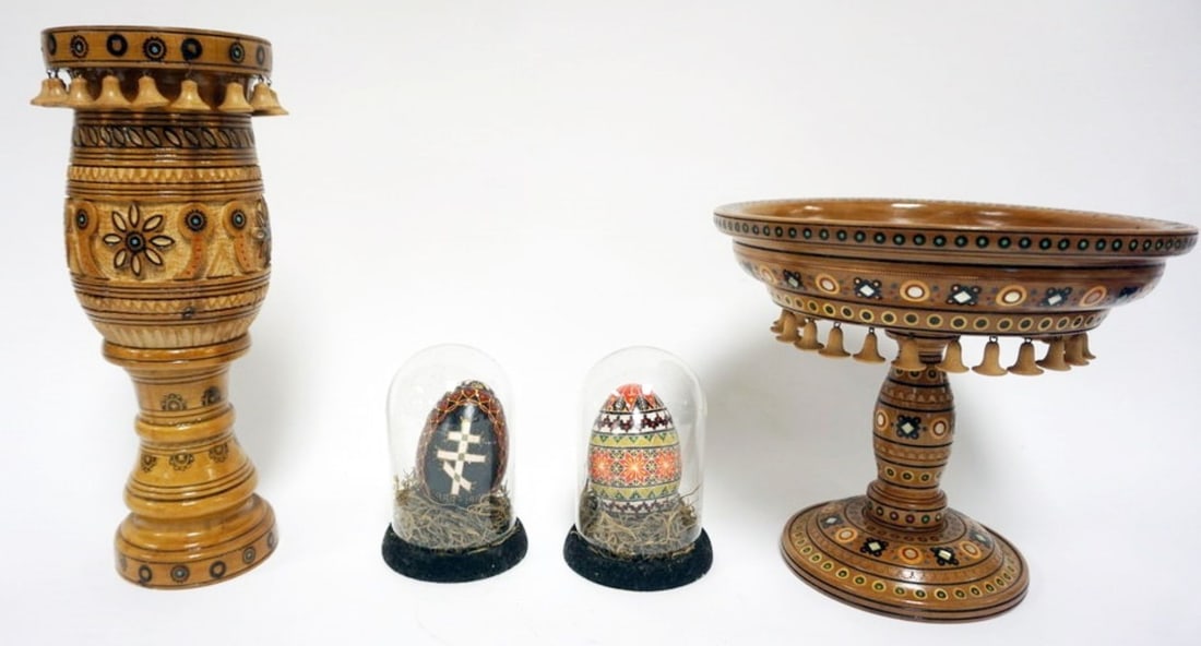 UKRAINIAN EGGS, WOOD VASE, COMPOTE: UKRAINIAN DECORATED EGGS, CARVED WOOD VASE AND COMPOTE, LARGEST PIECE APPROXIMATELY 12 IN H