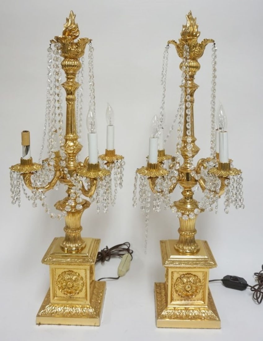 METAL GILT FINISHED CANDELABRAS: METAL GILT FINSHED CANDELABRAS, EACH APPROXIMATELY 33 IN H, SOME LOSS TO PRISMS
