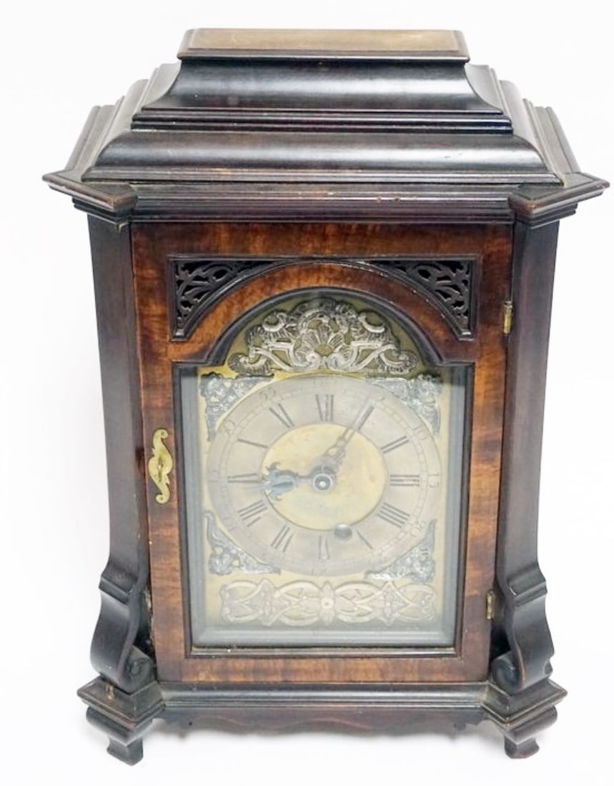 ANTIQUE CLOCK CASE & FACE: ANTIQUE CLOCK CASE AND FACE WITH CA. 1930'S ELECTRIC MOVEMENT RETRO FITTED, APPROXIMATELY 12 IN X 7 IN 18 IN H