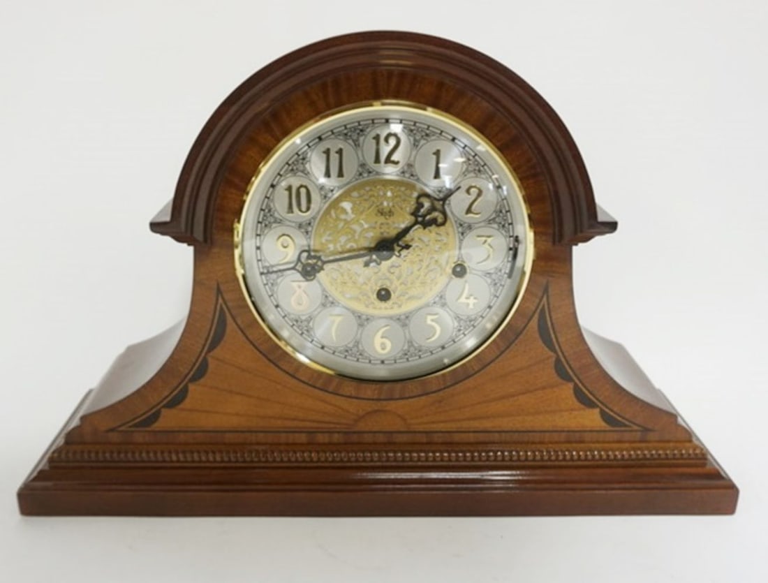 SLIGH INLAID MAHOGANY MANTEL CLOCK (1 of 6)