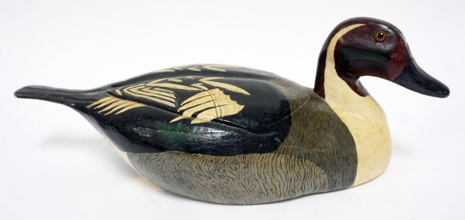 ANTIQUE DUCK DECOY: ANTIQUE DUCK DECOY WITH GLASS EYES, APPROXIMATELY 16 IN X 7 IN X 6 IN H