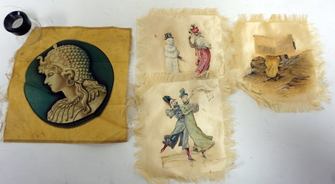 ANTIQUE SILKS: GROUP OF 4 ANTIQUE SILKS, 3 HAVING HAND PAINTED IMAGES OF COUPLE READING A NEWSPAPER, LARGEST APPROXIMATELY 8 IN X 8 IN, SOME STAINING & WEAR