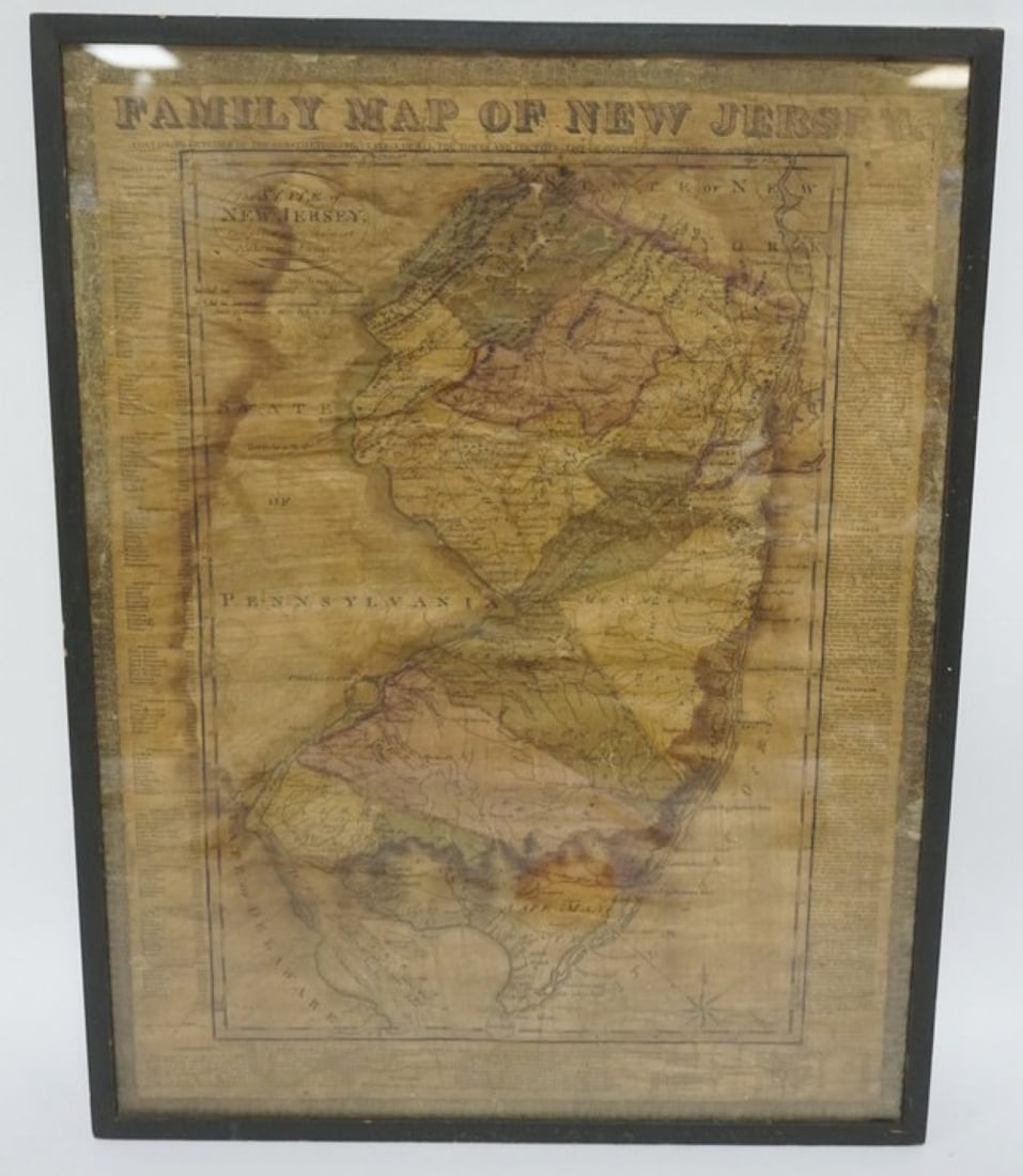 1835 FAMILY MAP OF NEW JERSEY: 1835 FAMILY MAP OF NEW JERSEY, FRAMED UNDER GLASS, APPROXIMATELY 18 IN X 23 IN, MAP WORN AND STANING