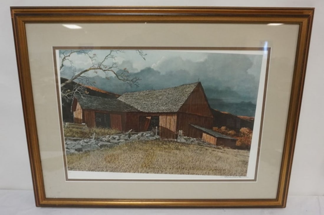 ERIC SLOANE PRINT: ERIC SLOANE SIGNED AND NUMBERED PRINT OF A BARN, APPROXIMATELY 35 IN X 27 IN OVERALL
