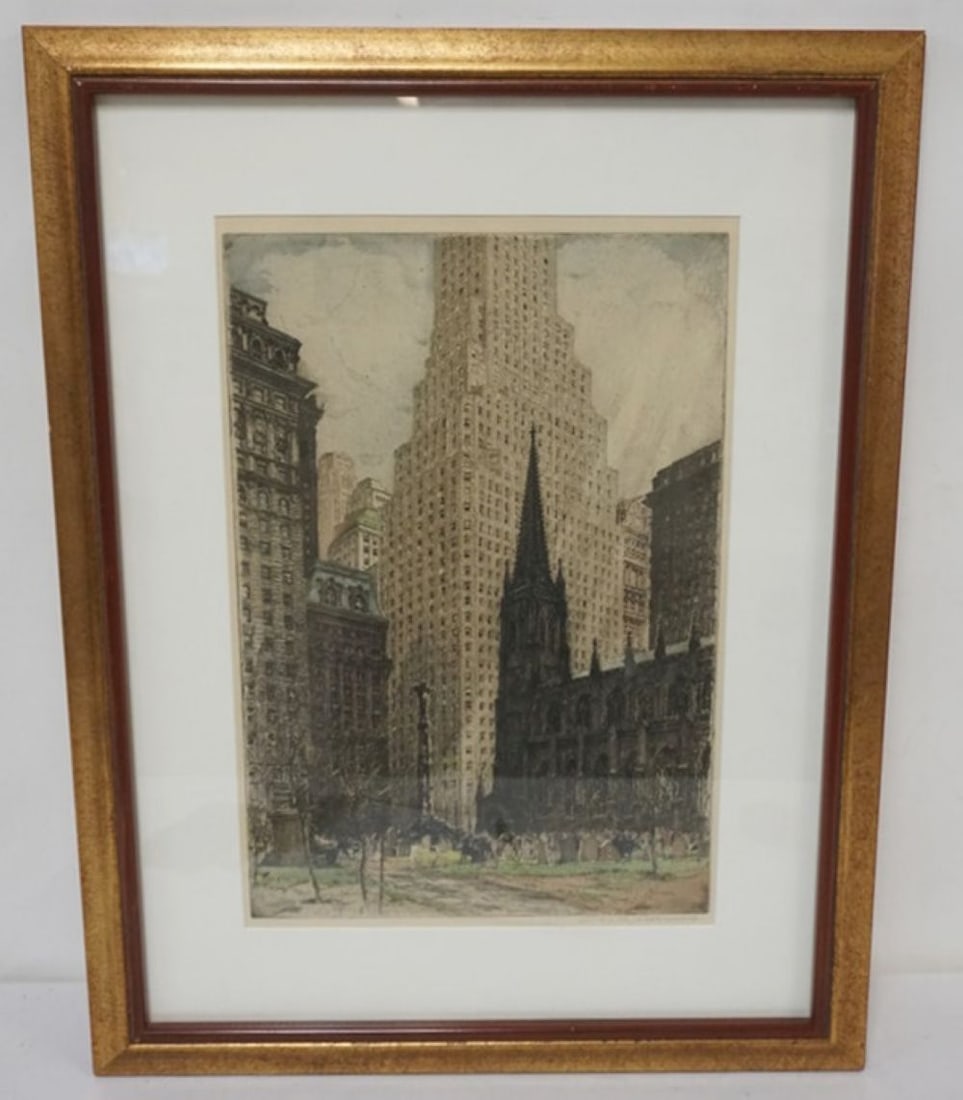KASIMIR HOERNES ETCHING: KASIMIR HOERNES FRAMED AND MATTED ETCHING OF NEW YORK CITY TRINITY CHURCH, ARTIST SIGNED, APPROXIMATELY 21 IN X 27 IN OVERALL